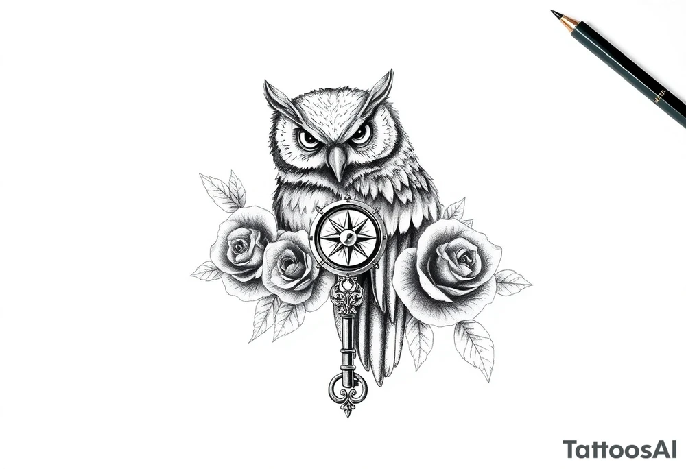 an owl,roses,compass,key. tattoo idea