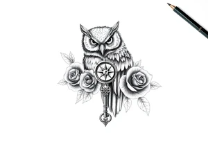 an owl,roses,compass,key. tattoo idea