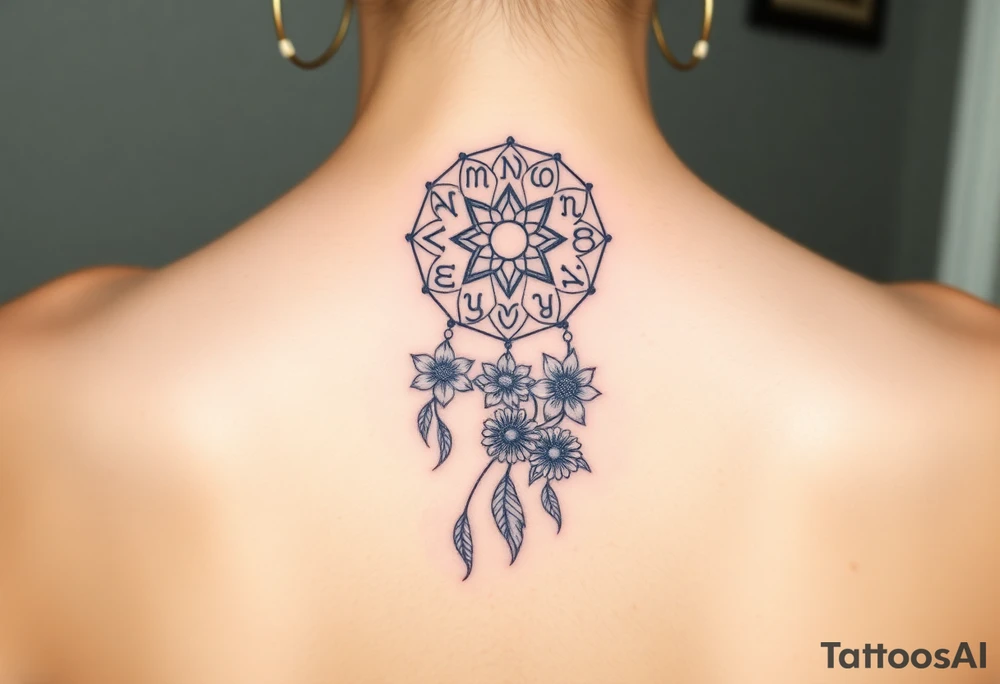 Dreamcatcher with zodiac symbols and protection runes caught in it with tigerlillies roses and sunflowers tattoo idea