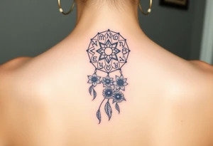 Dreamcatcher with zodiac symbols and protection runes caught in it with tigerlillies roses and sunflowers tattoo idea