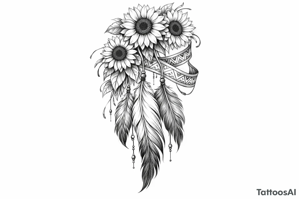 Cascading Sunflowers over Indian feathers and Indian ribbon tattoo idea