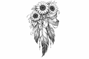 Cascading Sunflowers over Indian feathers and Indian ribbon tattoo idea