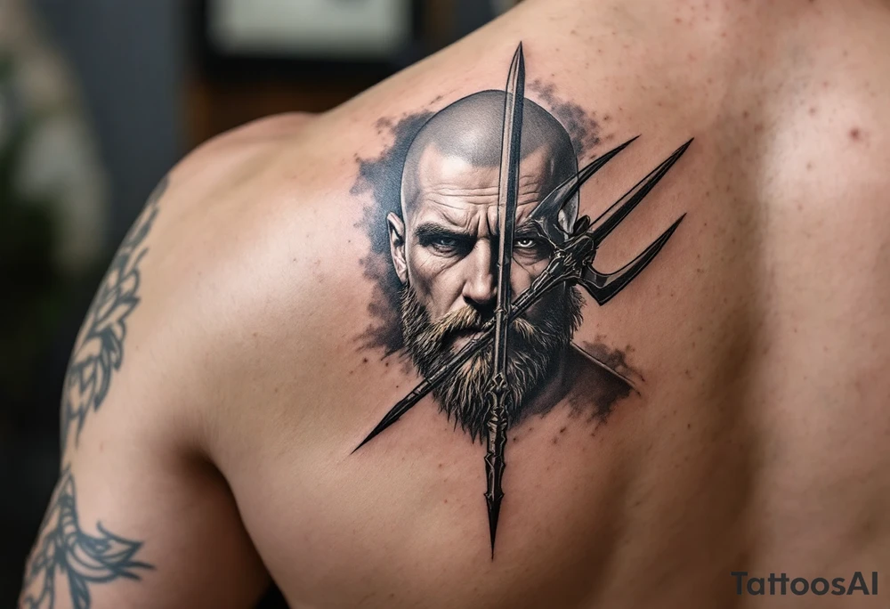 close-up beardless man behind a trident tattoo idea