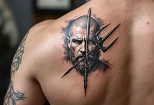close-up beardless man behind a trident tattoo idea