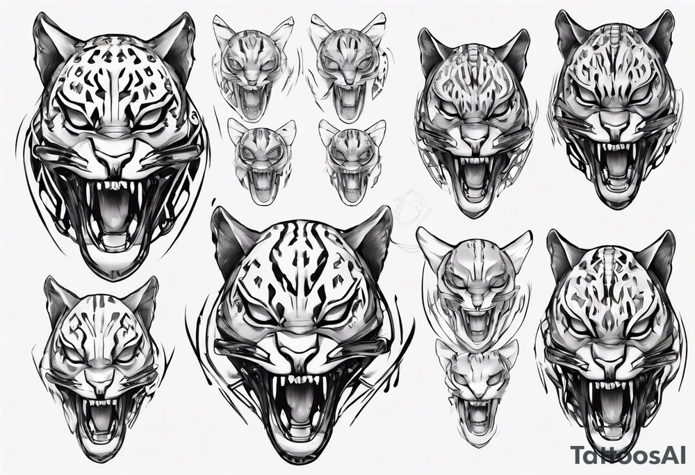 cybernetic ocelot full body teeth showing tattoo idea