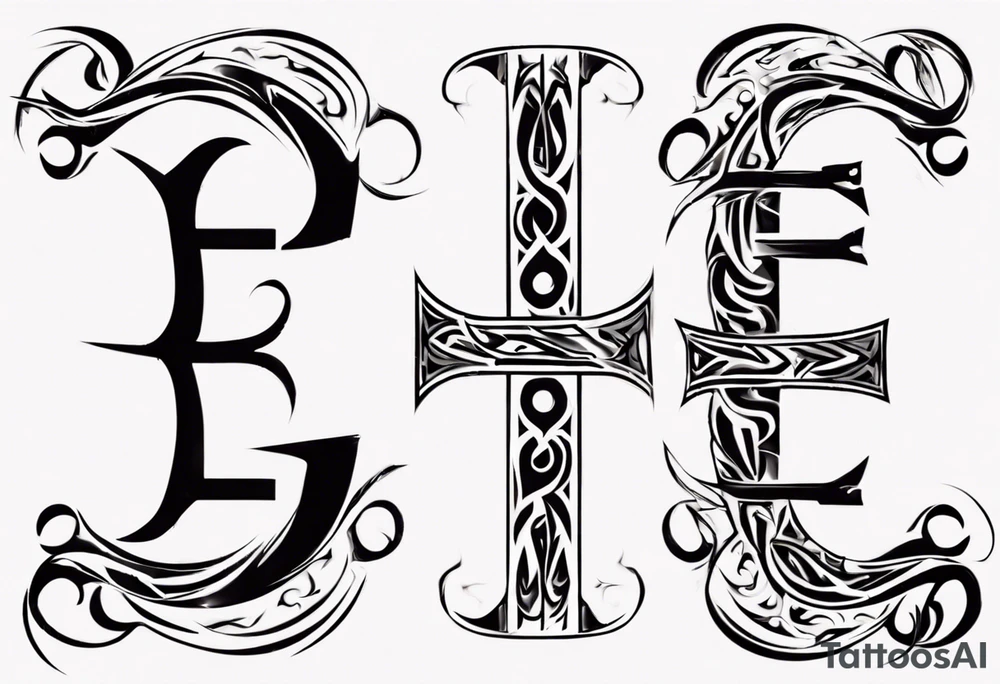 combine the letters E and H with tribal pattern tattoo idea