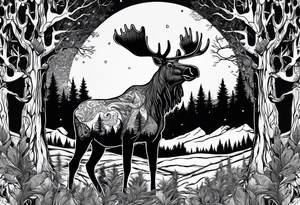 a psychedelic moose in the forest with a full moon tattoo idea