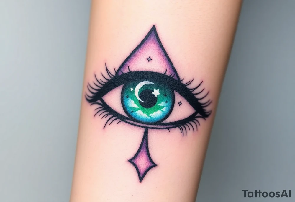Large outline of an eye shaped like an almond with eye colored greenish blue with long pretty black eyelashes + spade symbol as the eyeball+ a crescent moon stars and clouds inside of the eyeball only + using vivid colors like blue green purple light blue light green light purple tattoo idea