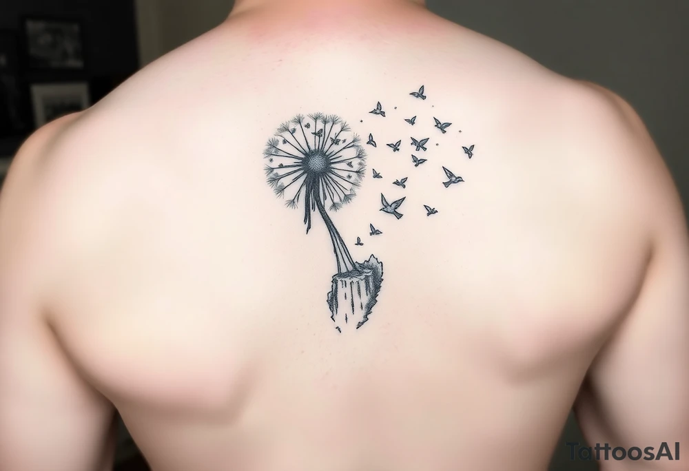 A dandelion with its leaves blowing away and turning into birds that fly up and create a waterfall tattoo idea