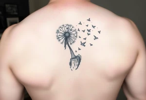 A dandelion with its leaves blowing away and turning into birds that fly up and create a waterfall tattoo idea