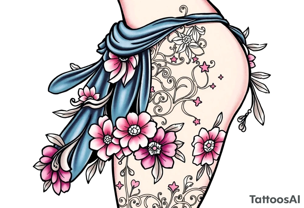 BDSM-themed art deco woman, intricate linework, thigh tattoo. tattoo idea