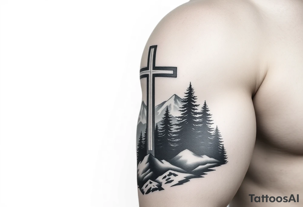 christian orthodox cross which is relatively small, with the diagonal line at the bottom with a light forrest with a light mountainous setting tattoo idea
