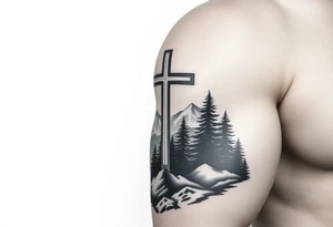 christian orthodox cross which is relatively small, with the diagonal line at the bottom with a light forrest with a light mountainous setting tattoo idea