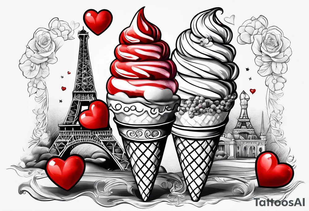 small ice cream cone with small red heart on it somewhere while representing Paris tattoo idea