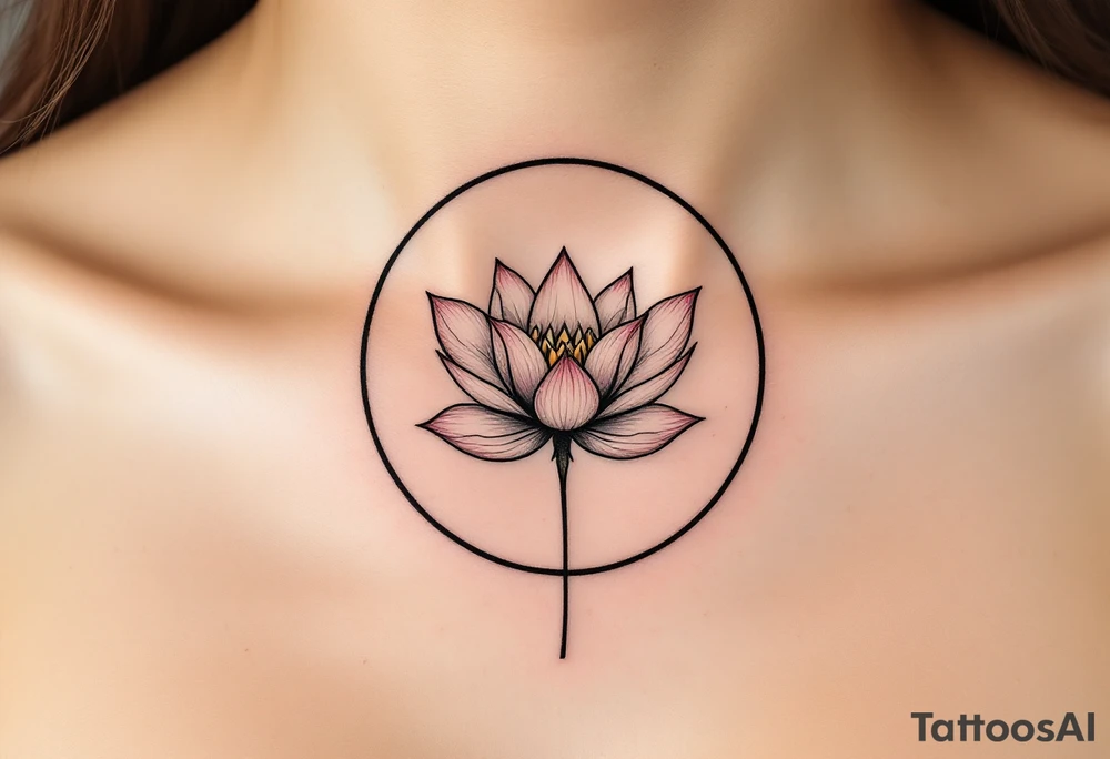 A thin black circle enclosing a delicate lotus flower in soft pink and white. tattoo idea