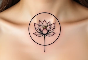 A thin black circle enclosing a delicate lotus flower in soft pink and white. tattoo idea