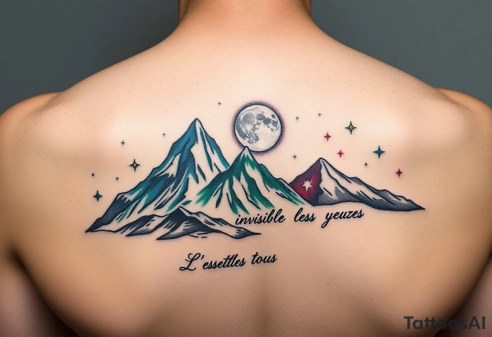 4 mountains. One mountain made of blue sapphire. One mountain of green emerald. One mountain made of red ruby. One mountain made of white pearl. Night time with moon and stars. Some stars spell out "L'essentiel est invisible pour les yeux" as a constellation tattoo idea