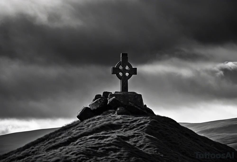 A monochromatic scene of a stone Celtic cross standing tall against a windswept hill. The intricate designs etched into the cross are starkly contrasted against its weathered, black surface. At the arm of the cross, a large raven perches elegantly, its ebony feathers seemingly absorbing the light. The bird's piercing eyes are fixed on something beyond the viewer's sight, lending an air of mystery to the already enigmatic monument. The surrounding landscape is desolate and barren, with the occasional tuft of brown grass struggling to survive the harsh elements. A veil of fog hovers just above the ground, adding to the eerie atmosphere and further isolating the cross from the world around it. The image evokes a sense of timelessness and the enduring strength of Celtic heritage, even in the face of the relentless march of time. tattoo idea