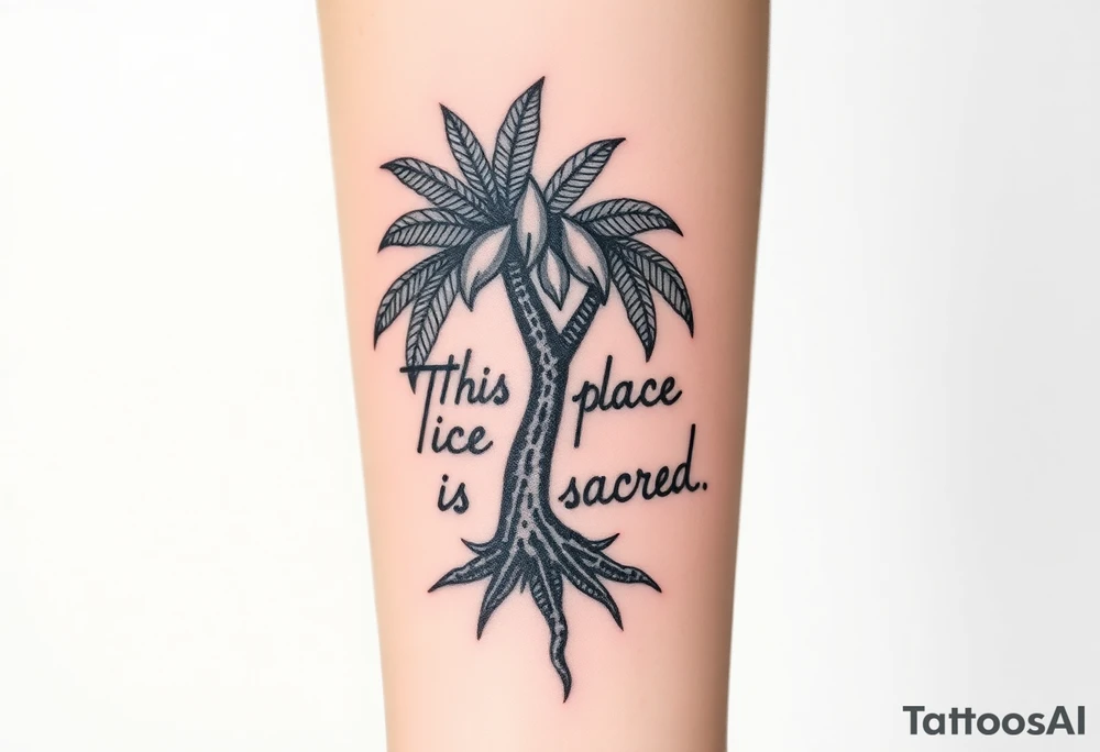 Hand written writing that says This place is sacred written on the trunk of a small breadfruit tree tattoo idea