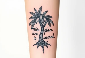 Hand written writing that says This place is sacred written on the trunk of a small breadfruit tree tattoo idea