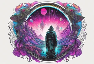 Full Back, synthwave, colossal Alien entities and space stuff, small human on The foreground in awe of The sheer scale of The infinite universe, More absurdist Aliens, Cthulhu-esque Alien pope tattoo idea