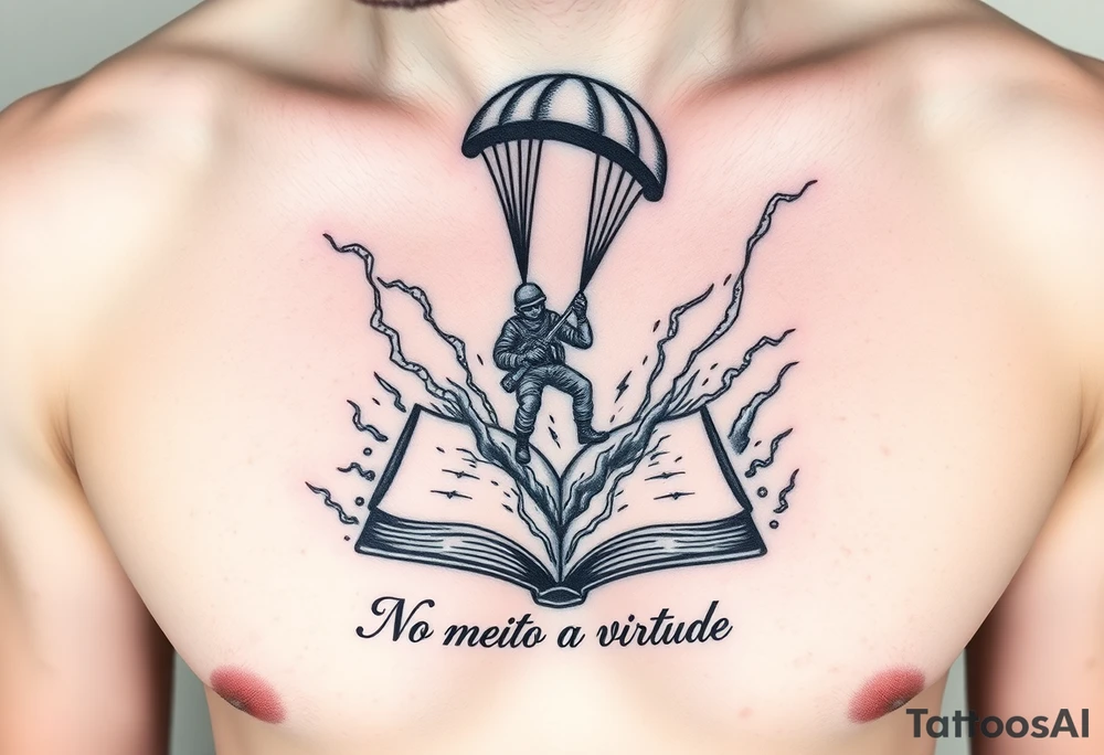 A parachuting soldier landing into an open book. Chaos surrounding, but the book is protecting the soldier from it. On the chest. Make the tattoo smaller. Make it thought provoking. "No meio esta a virtude" underneath the book. Make the chaos in the environment be a thunderstorm tattoo idea