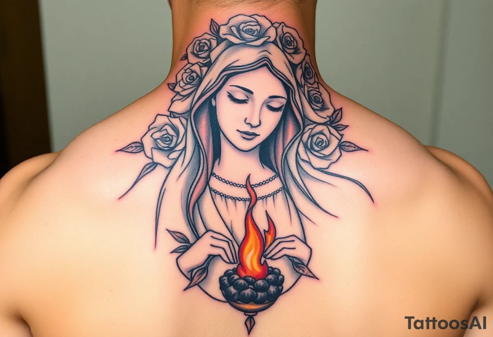 Mother mary with roses around her head, and a burnt up paper under her feet tattoo idea