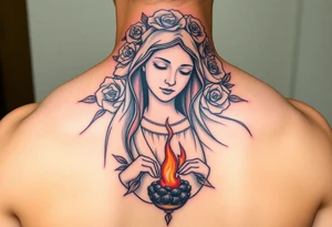 Mother mary with roses around her head, and a burnt up paper under her feet tattoo idea