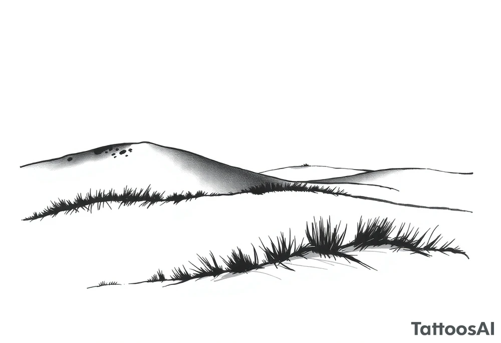 Landscape of sand dune and peasible sea (like in the north of France) in a minimalist style tattoo idea