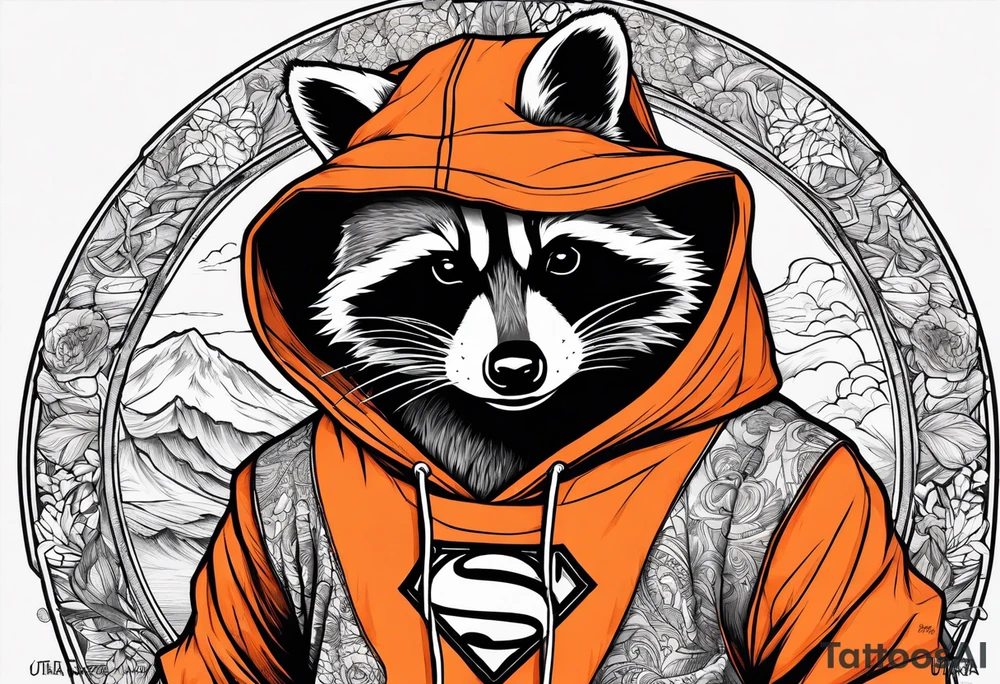 Raccoon wearing an orange Superman hoodie tattoo idea