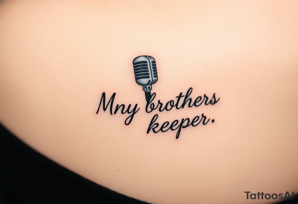 A microphone with the words “My brothers keeper” with the microphone cord looking like it’s actually writing the words . For a female and small tattoo idea