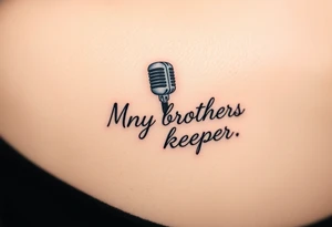 A microphone with the words “My brothers keeper” with the microphone cord looking like it’s actually writing the words . For a female and small tattoo idea