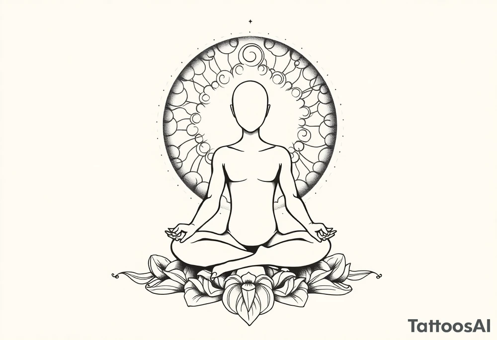 a figure - just a shadow /outline sitting in lotus position meditating based on the lyrics “doing time in the universal mind” by the doors - with a psychedelic trippy background that correlates to TIME as the meditation expands out from his head into the universe / cosmos tattoo idea