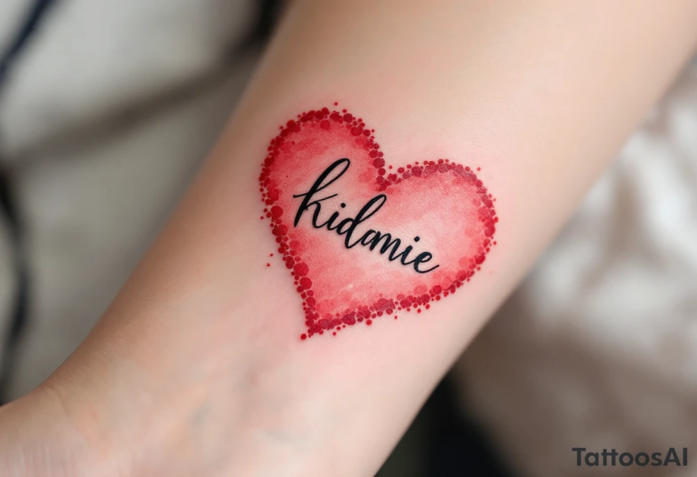 A red watercolor heart with the child’s name in elegant black script across the center. tattoo idea