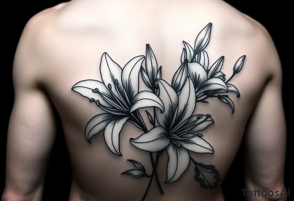 lillies, realistic, black and white, sleeve tattoo idea