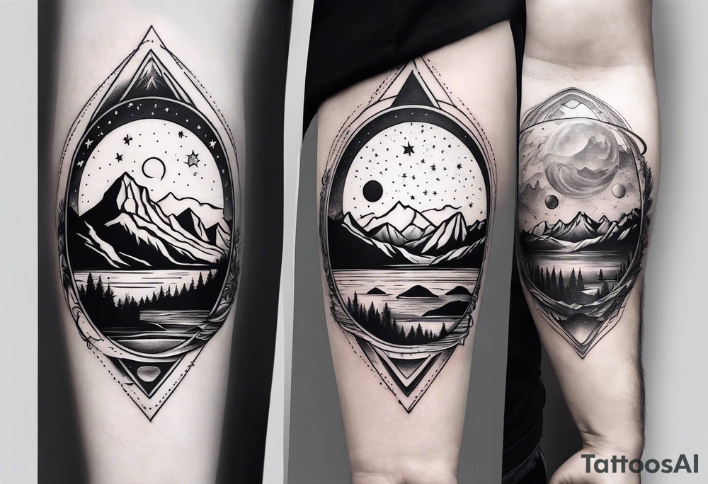 Mountains with planets and stars in the background tattoo idea Mountains with planets and stars in the background tattoo idea