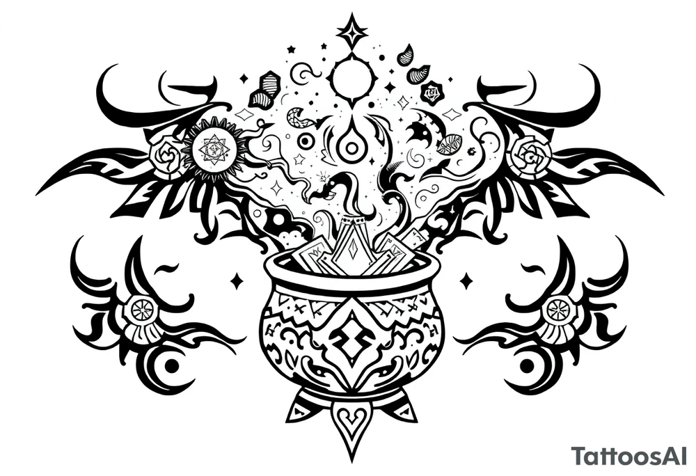 Milky way galaxy filled with zodiac symbols runes tarot cards coming out of a cauldron tattoo idea