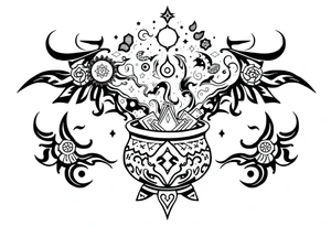 Milky way galaxy filled with zodiac symbols runes tarot cards coming out of a cauldron tattoo idea