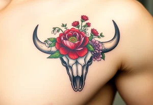 Buffalo or bison skull with flowers. Red Peony, snowdrop, green holly with red berries, purple larkspur,  red peony. Colour. For upper arm or shoulder. Masculin. tattoo idea