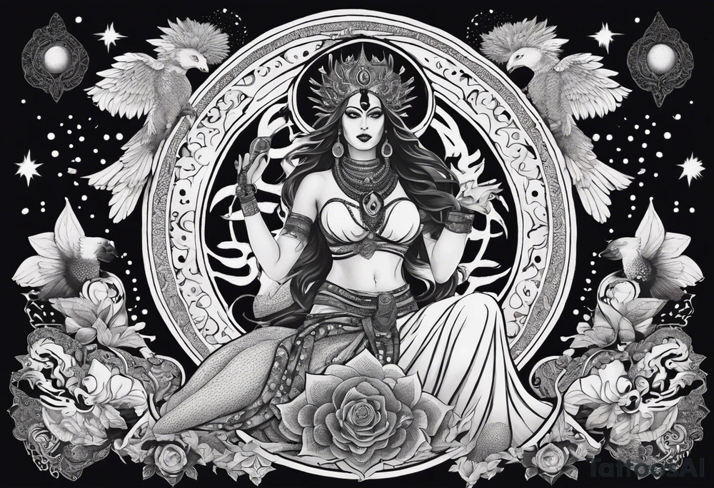 black kali, goddess pirate, alien, angel, pachamama, valkrye, warrior, flying, skull, lotus azul, wing, eagle, zenza resonance, stars, 5D, anahata chakra, death, durga, riding on a tiger, flying lady, kundalini, chest tatoo, samuri, rebel, serpent tattoo idea