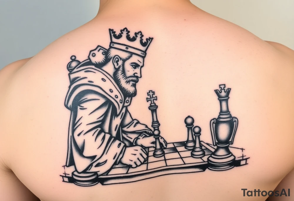 Man facing life’s fierce battles and sits on throne as a king playing chess tattoo idea