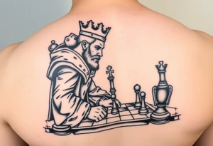 Man facing life’s fierce battles and sits on throne as a king playing chess tattoo idea