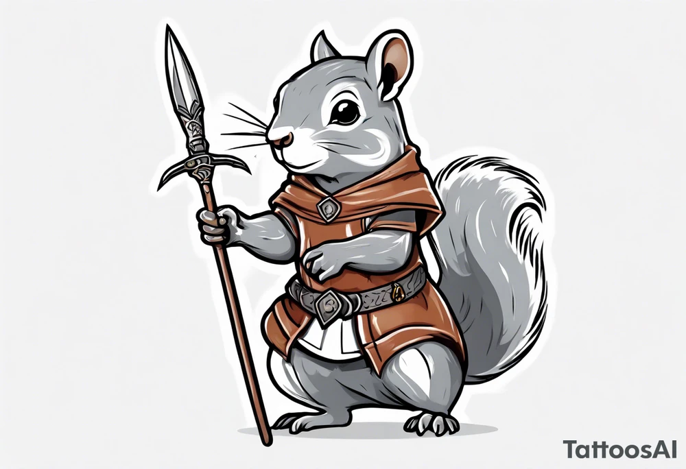 a grey squirrel dressed in a medieval tunic holding a silver spear tattoo idea