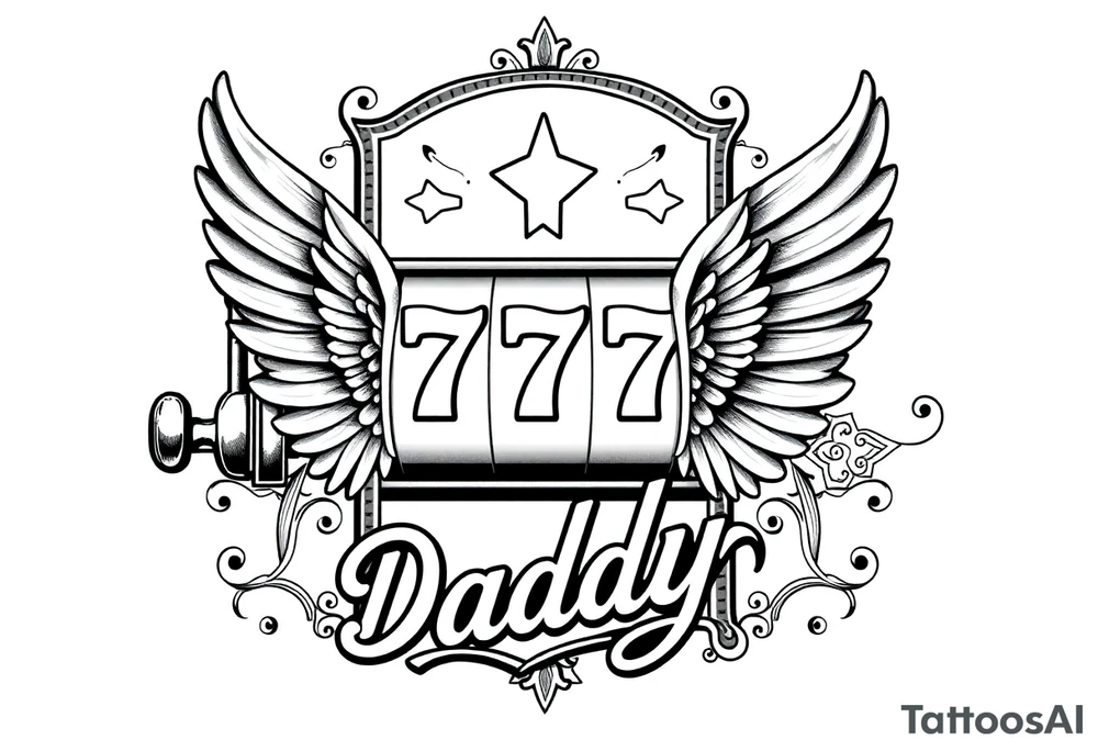 Slot machine with 777 and word Daddy with angel wings tattoo idea