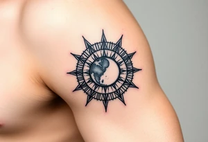 Compass with no declination marks shaped like a sun with a moon at the center of the image tattoo idea