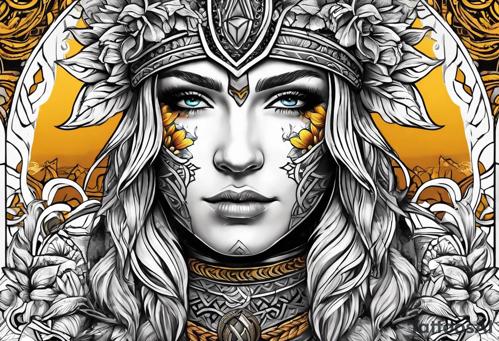 Sunflower viking sleeve tattoo idea