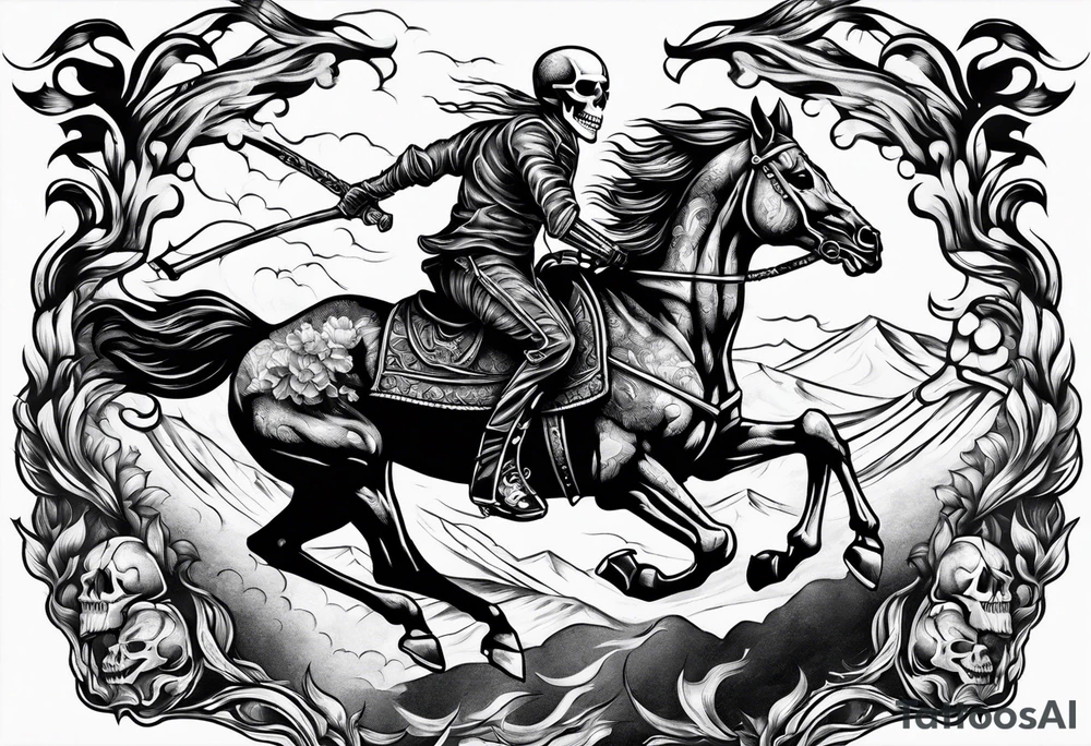 Skeleton riding a horse on fire tattoo idea