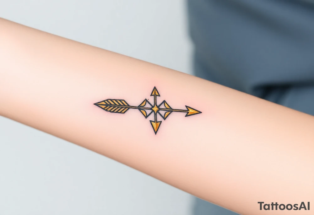 A Sagittarius embedded in a golden cracked arrowhead, symbolizing resilience and boldness tattoo idea