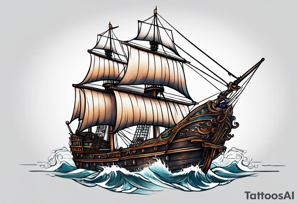 huge dark wooden ship tattoo idea