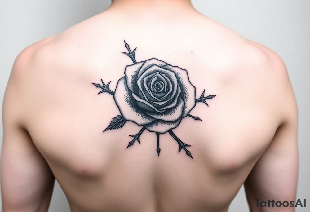 rose tattoo with thorns saying rise above all tattoo idea